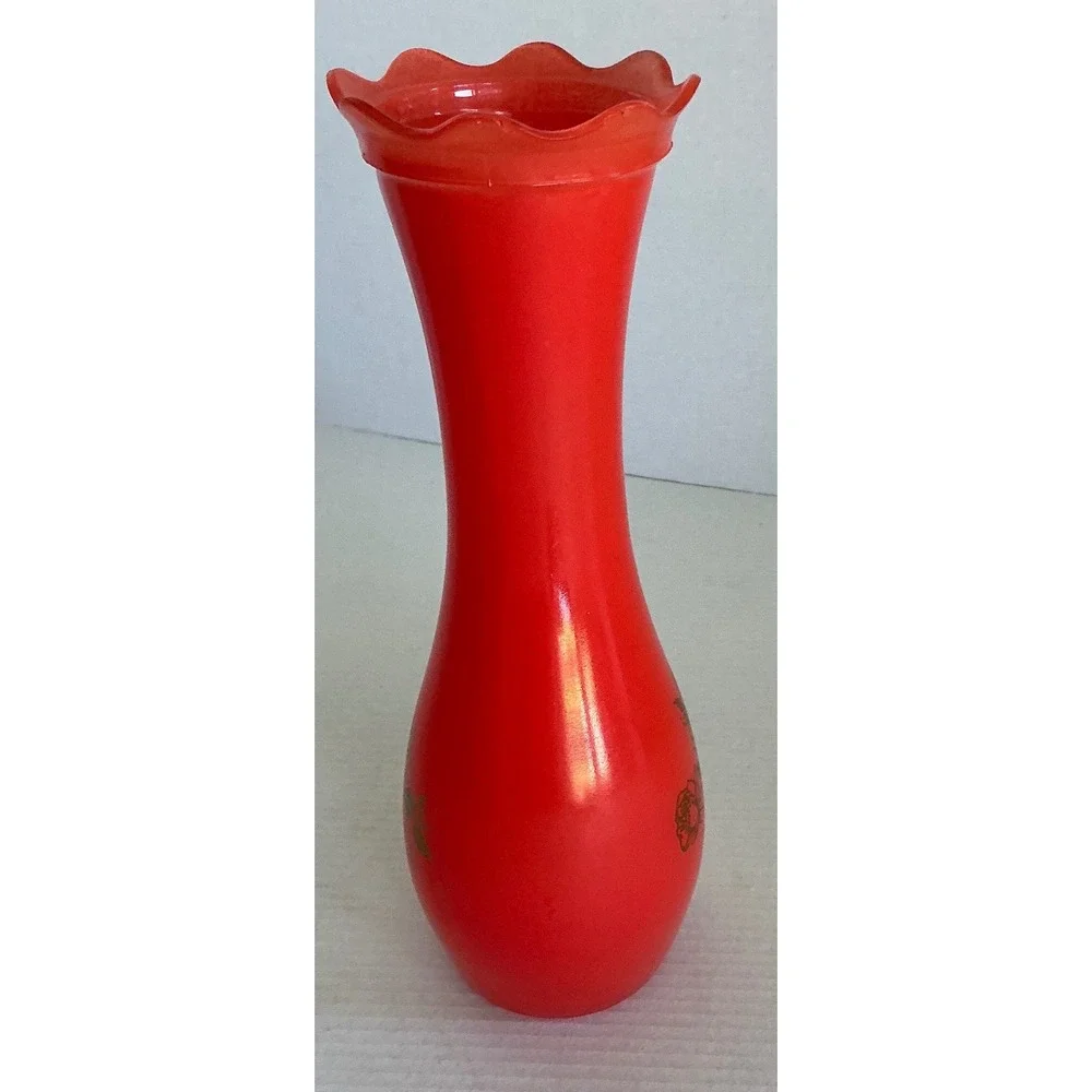 Vintage Red Milk Glass Bud Vase Gold Rose Scalloped‎ Rim 9 Inch MCM
